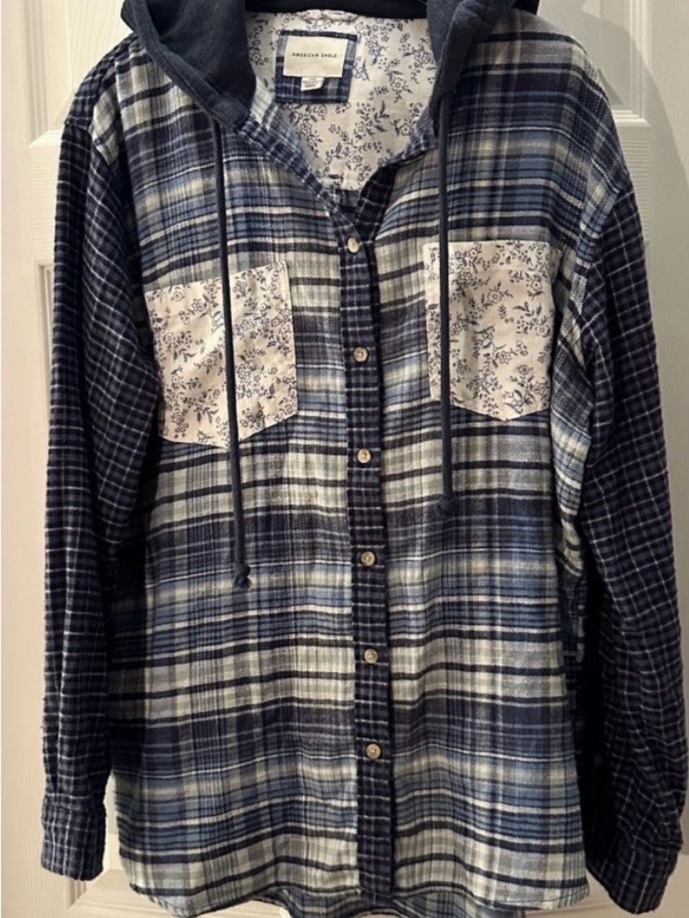 American Eagle Outfitters Women’s Blue Plaid Hooded Flannel Shirt